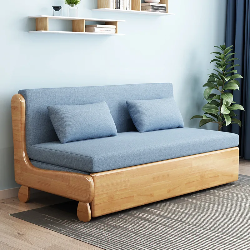 Solid wood sofa bed living room home foldable small apartment modern simple multi-functional sitting and lying lazy sofa