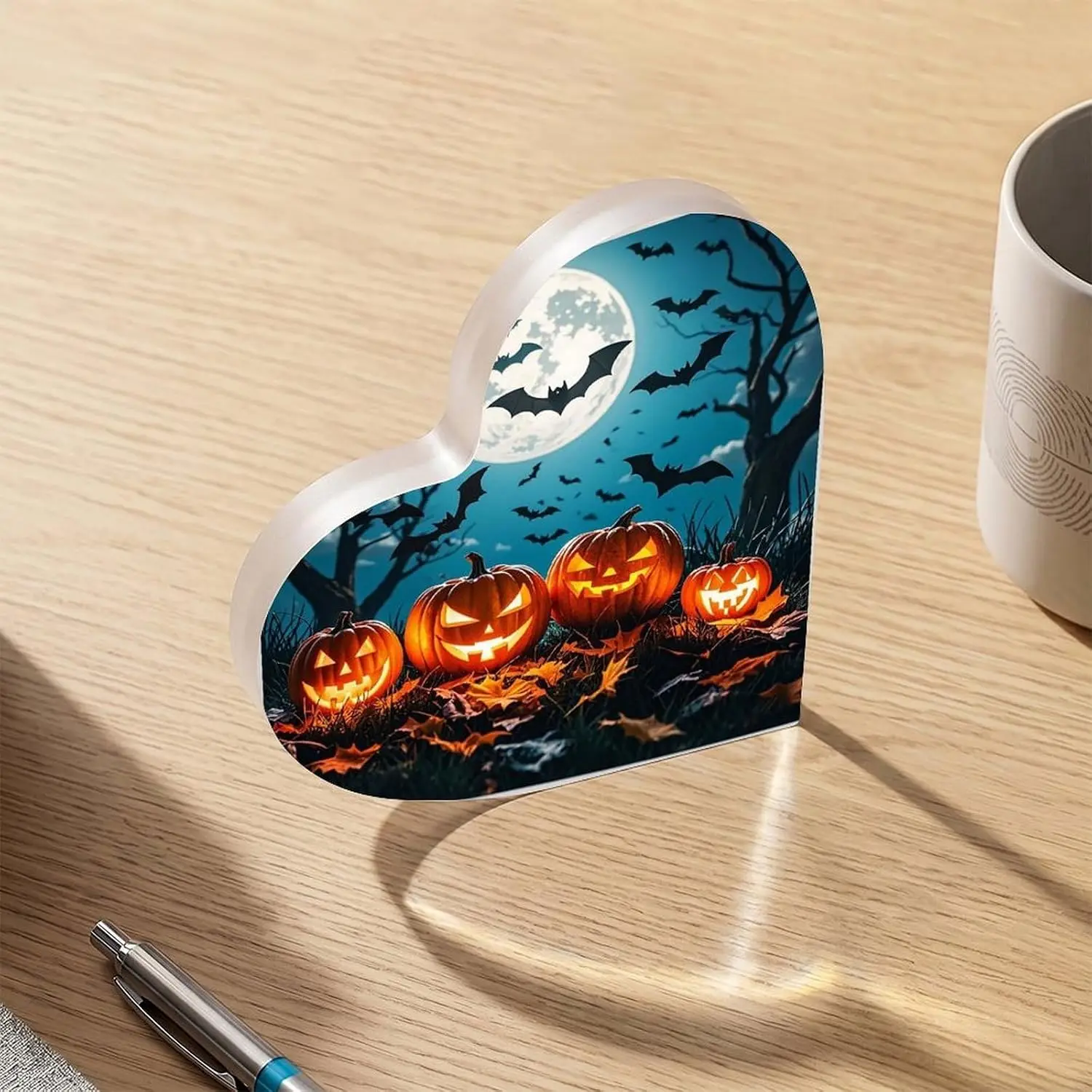 Glowing Jack‑O‑Lantern Moon Night Heart‑Shaped Acrylic Plaque, Halloween Fall Desktop Tabletop Decor