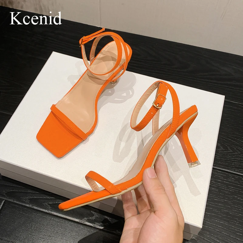 

Kcenid Fashion Square Toe Orange Sandals Thin Low Heel Buckle Strap Rome Summer Gladiator Women Casual Narrow Band Shoes Sandals