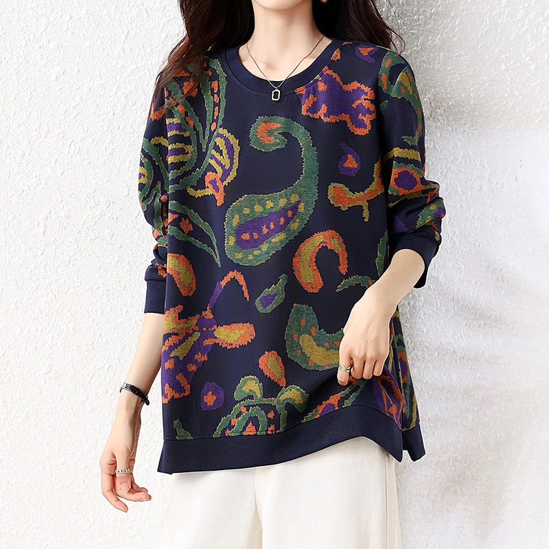 L-XXXL sudadera para mujer primavera otoño Tie-dyed estampado manga larga cuello redondo Top suelto Casual jerseys jersey azul oscuro