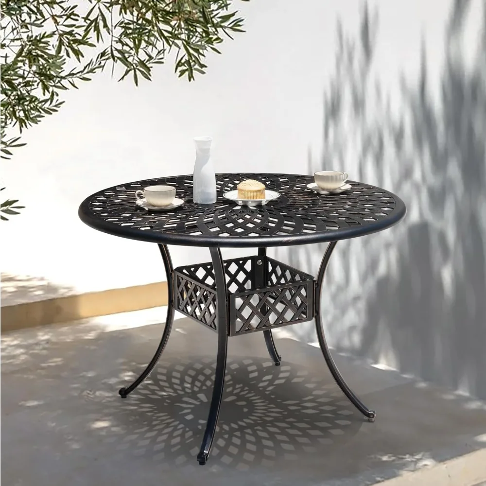 Cast Aluminum Round Patio Dining Table 42 Inch with Umbrella Hole, Black Gold Edges