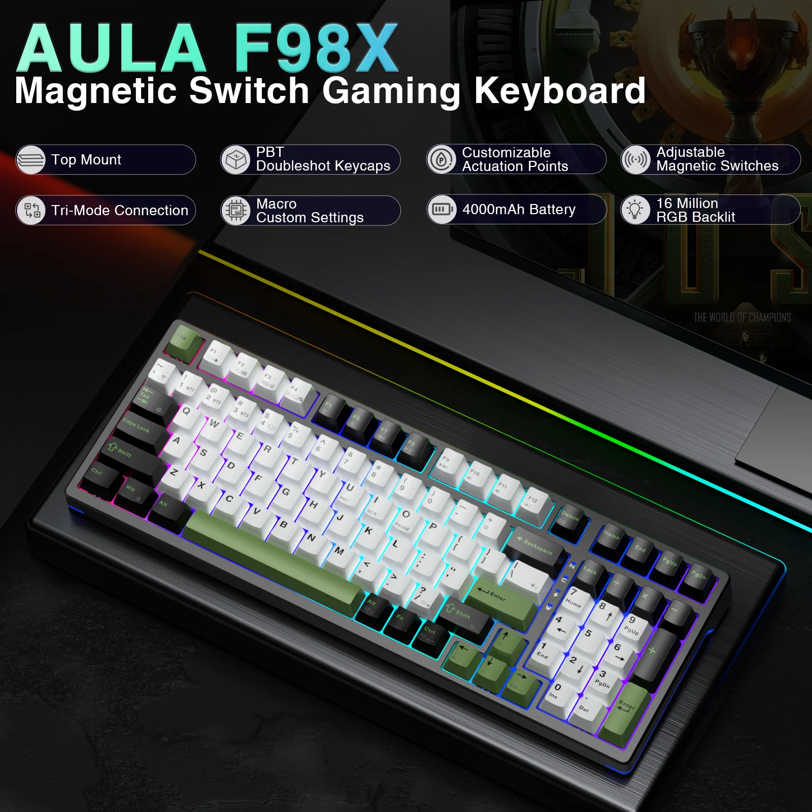 AULA F98X Magnetic Switch Gaming Mechanical Keyboard 3/5 Pin Hotswap RGB Customized PBT Keycaps Adjustable Trigger for E-Sports