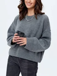 Women's Oversize Sweater 2024 Autumn Winter Grey Warm Knitted Outwear Jumper Long Sleeve Top Sweaters Female Clothing 3184