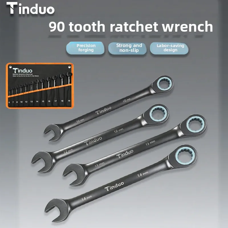 90-Tooth Ratcheting Wrench Set, Cr-V Steel Gray Nickel Metric Socket Wrench Kit, Flexible & Fixed Head Dual-Use Wrench for Au