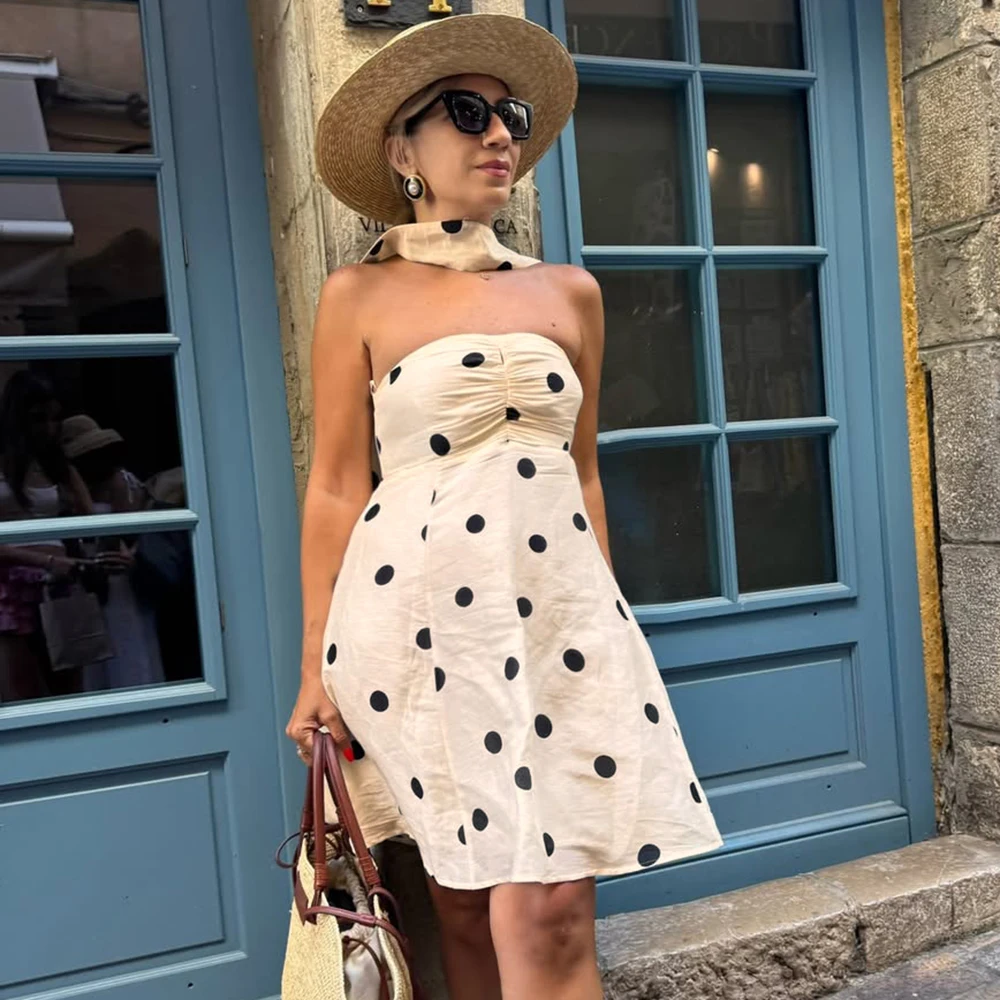 

Tuularose Fashion Polka Dot Dress Women Sexy Strapless Scarf Ribbon Loose Printed Dress New Vintage Summer Party Dress Vestidos