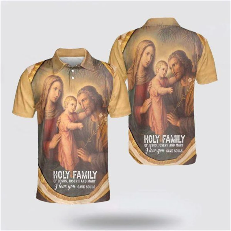 3D Printed Short Sleeve Polo Shirts For Men Clothes Christian Virgin Mary Jesus Button Shirt Women Lapel Top Gift For Christians