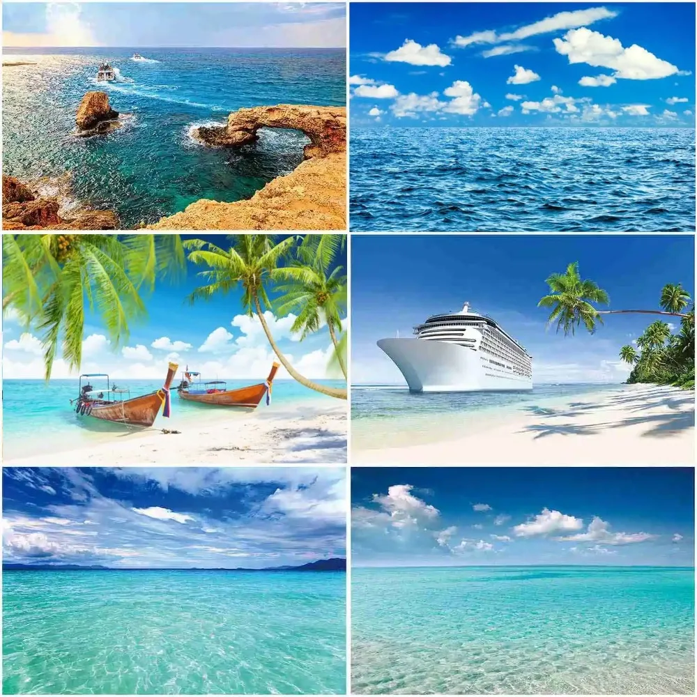 

Blue Ocean Beach Backdrop Tropical Summer Background Ship Boat Wharf Sea Surface Holiday Decor Banner Photography Photo Props