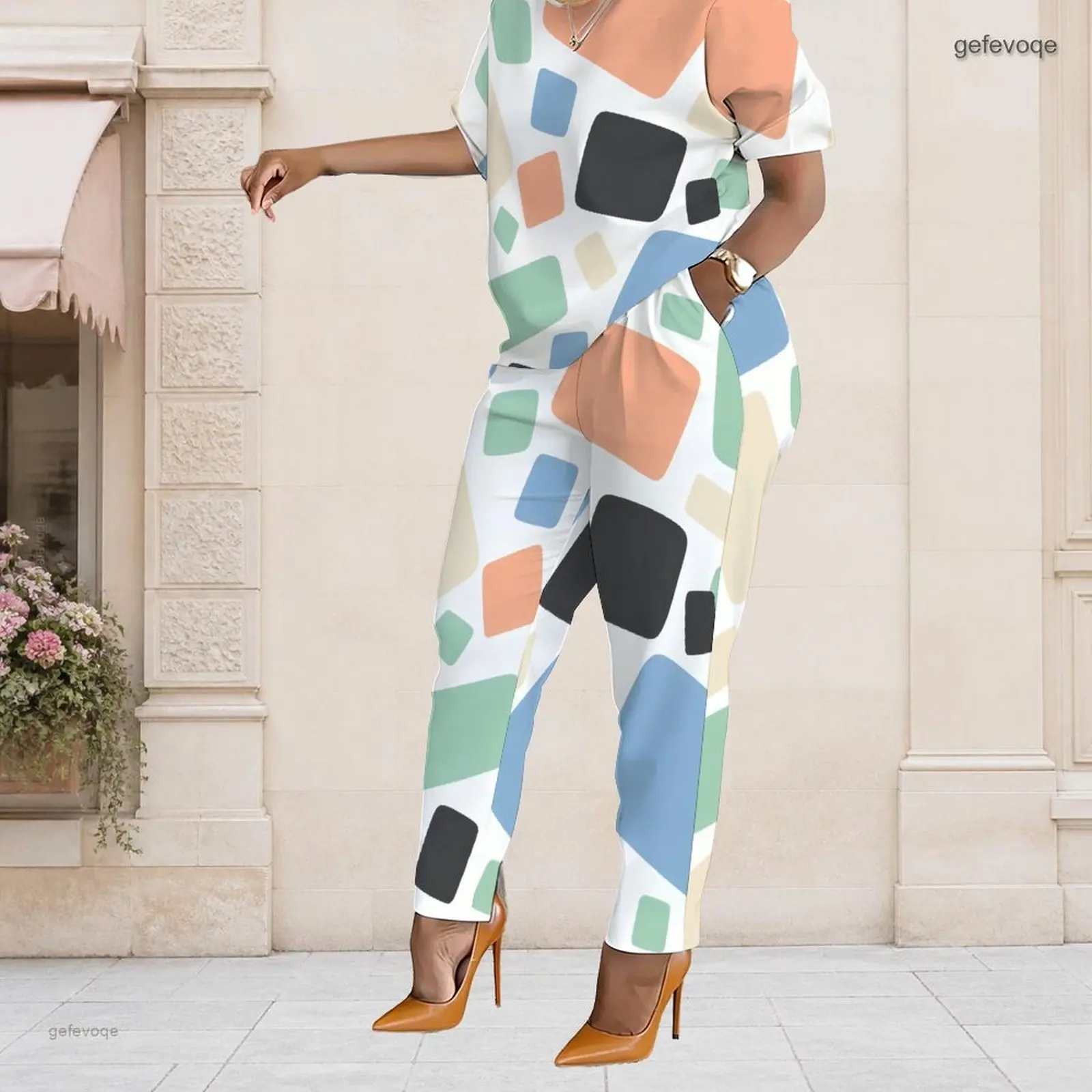 Summer Graphic Print Plus Size Sets Women O Neck Rounded Square Geometric Plus Size Clothes Womens Clothing Daily Leisure Wear