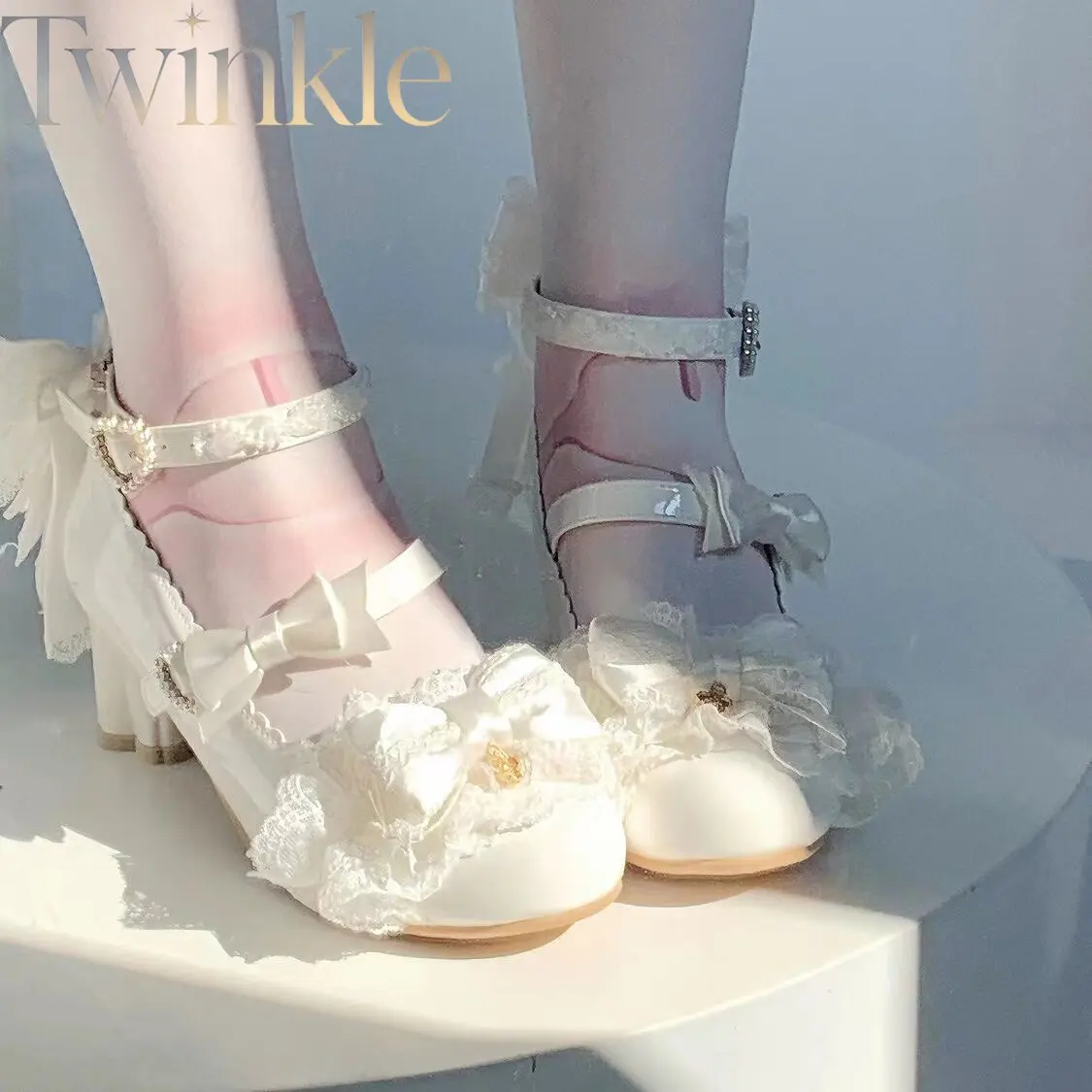 Women Lolita Mary Jane Shoes Kawaii Sakura Floral Bow Lace Sweet Elegant Ladies Spring Dress Pumps Streetwear