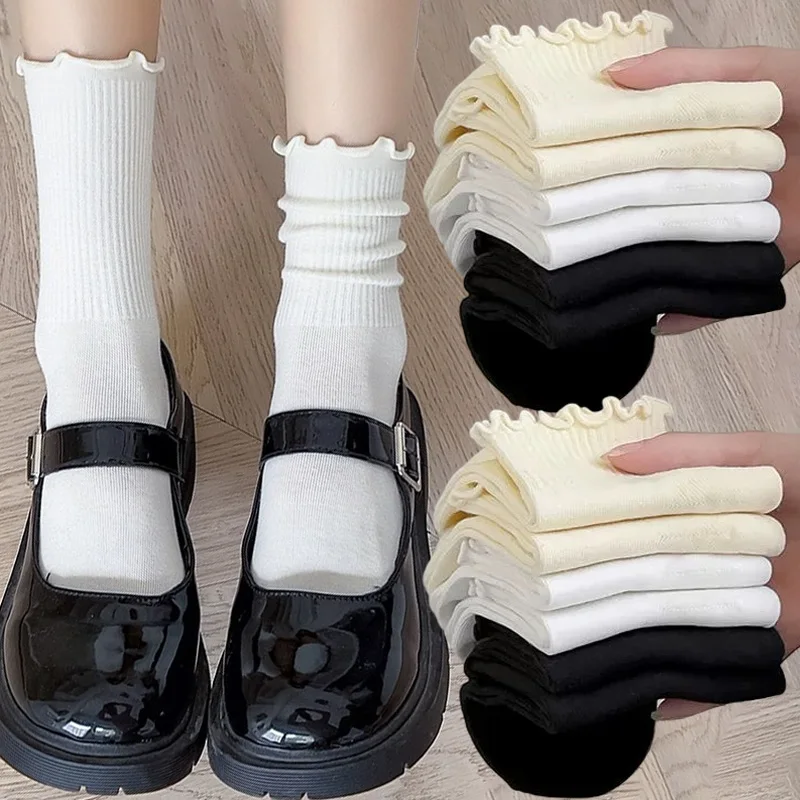 3pairs Ruffle Cotton Socks Women Girls Harajuku Sweet Middle Tube Black White Socks Jk Lolita Soft Breathable Ankle Loose Sock