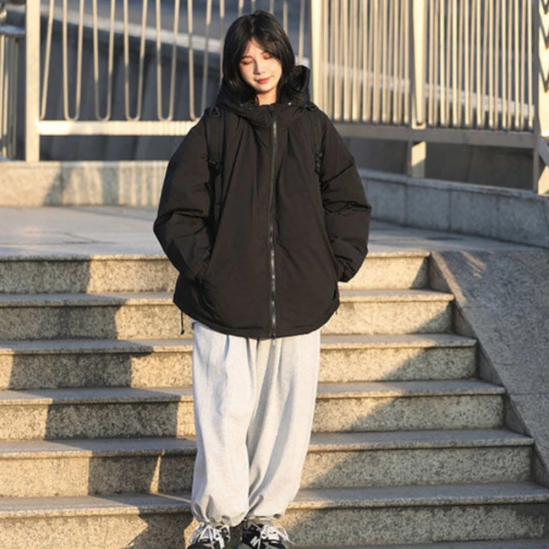 Preppy Padded Jacket Japan Style Thickened Plush Zipper Parkas Women's College Men's and Women's Warm Hooded Loose Winter Coat