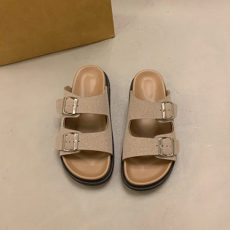 Summer New Non-slip Wear-resistant Silver Metal Buckle Slippers Flat Flip-flops Cow Leather Casual Women's Shoes Slippers Women