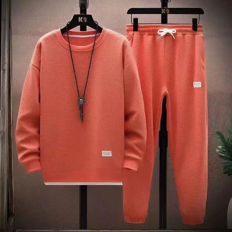 2026 Men's Waffle Casual Suit O-neck Long Sleeve T-Shirt Sweatpants 2026 New Autumn Trend Tracksuit Fashion Sports Two Piece Set