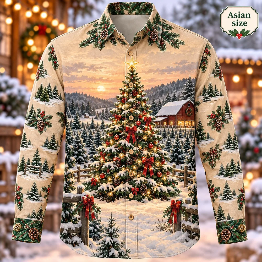 New Christmas Tree Farm Long Sleeve Button Down Shirt for Men 3D Print Polyester Holiday Party Festive Graphic Winter Shirts