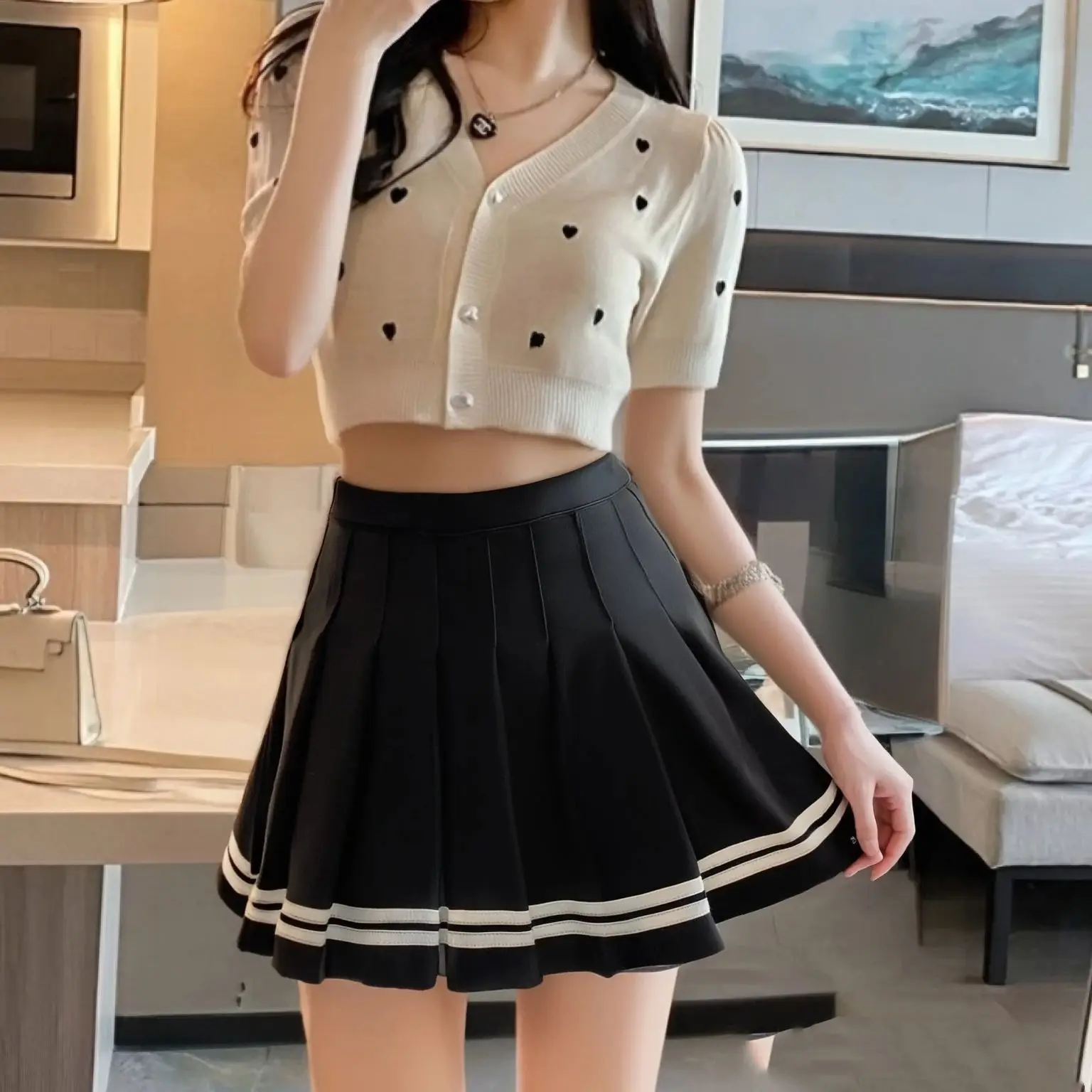 

BWQ Fashion Preppy Style Pleated Skirts Women Spring Summer New A Line Short Dress Sweet Girl High Waist Petchwork Skirt Street