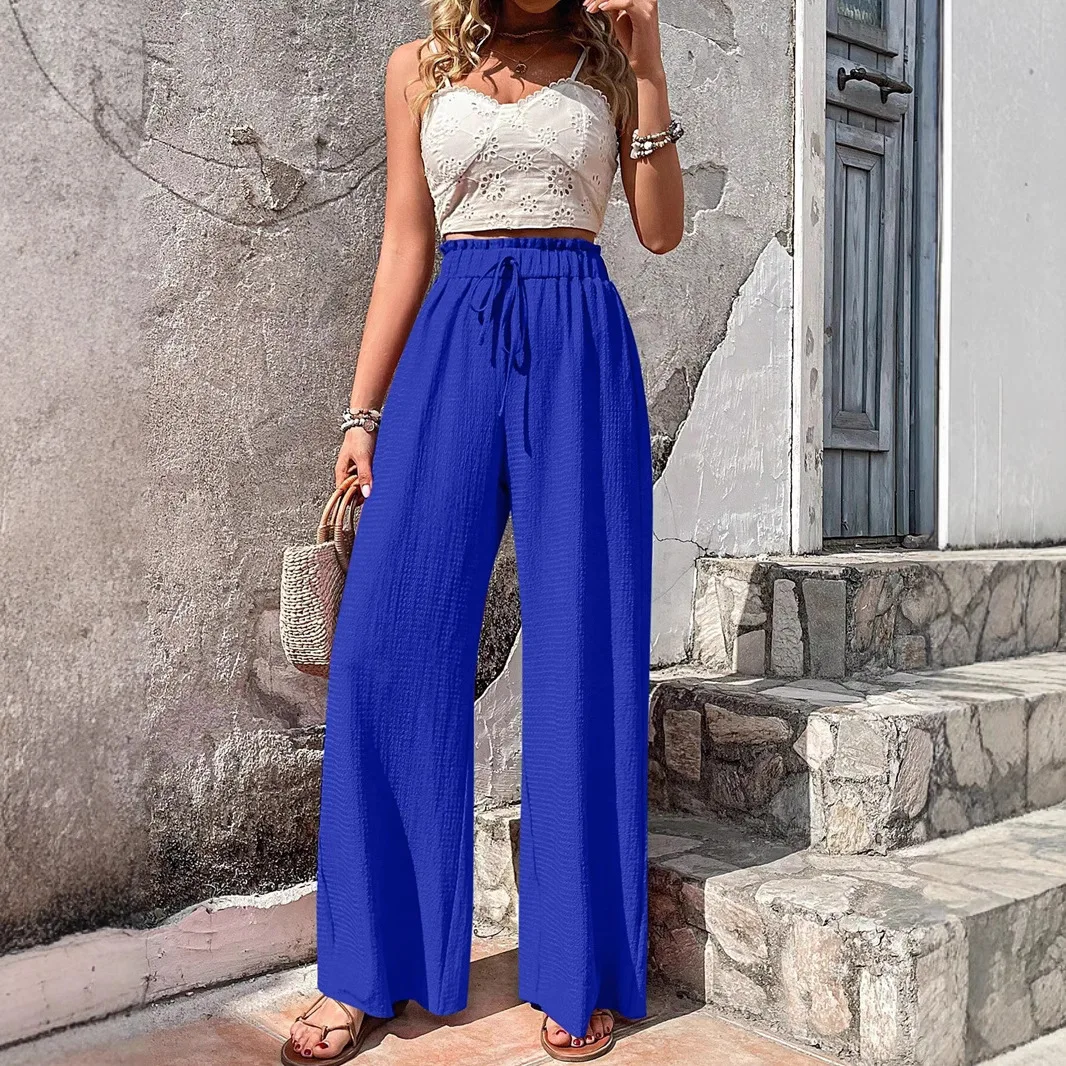 

2025NEW Women's Seersucker Wide Leg Pants Casual High Waist Loose Trousers Spring Summer Fashion Palazzo Pants for Women