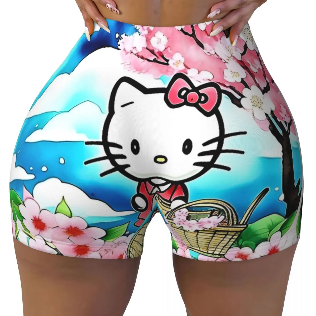 Hello Kitty Picking Flowers Quick Dried Yoga Shorts Women Sports Fitness Workout Gym Pants Tights