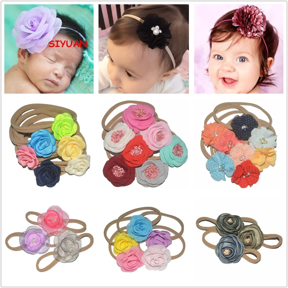 

200 Pcs Wholesale Foreign Trade Kids Headwear Hair Tie Hand Sew Pearl Diamond Chiffon Flower Headband High Stretch Nylon Elastic