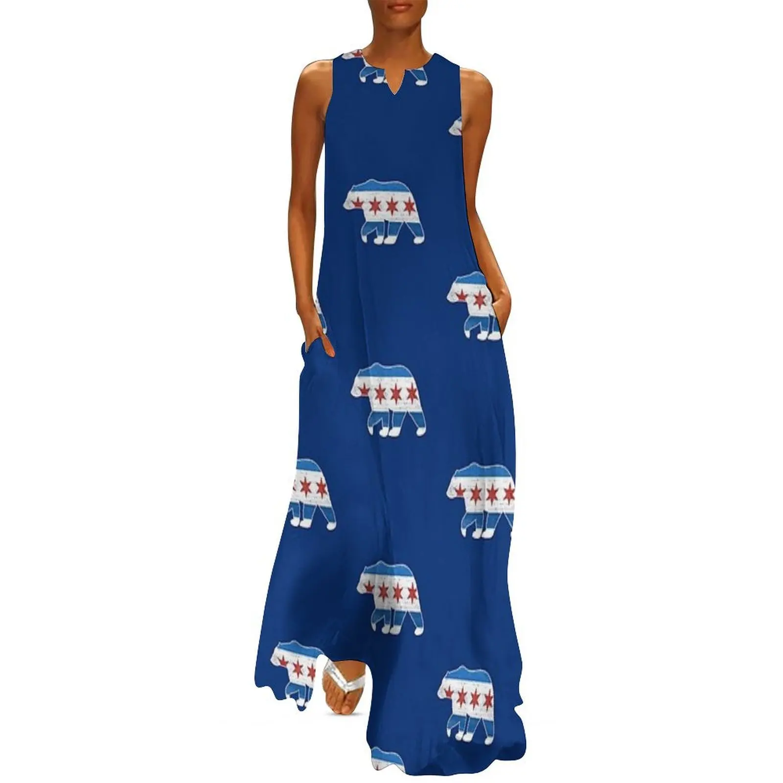 

Chicago Flag Walking Bear Style Vintage Grunge State Lover Gift Cute Long Dress dresses for women clothes for woman