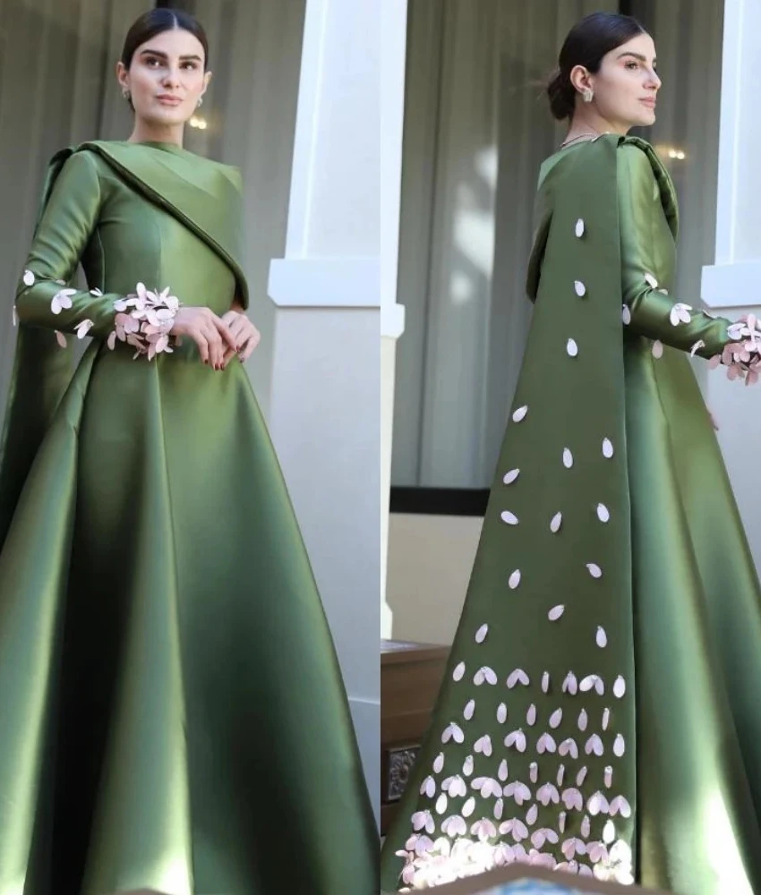 Robe de soirée en Satin, ligne a, fleurs en cristal, personnalisée, gracieuse, col rond, manches longues, longueur au sol, robes de célébrité