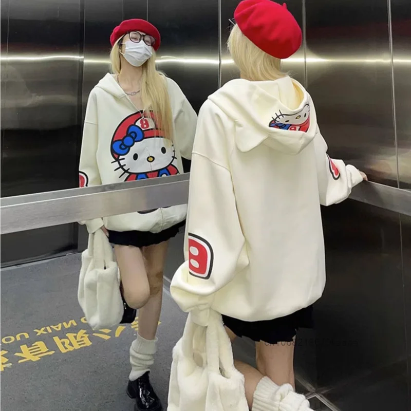 Sanrio Hello Kitty Korean Style Premium Cartoon Print Cardigan Female Plush Hooded Sweatshirt Y2k Cute Girl New Loose Ziper Coat