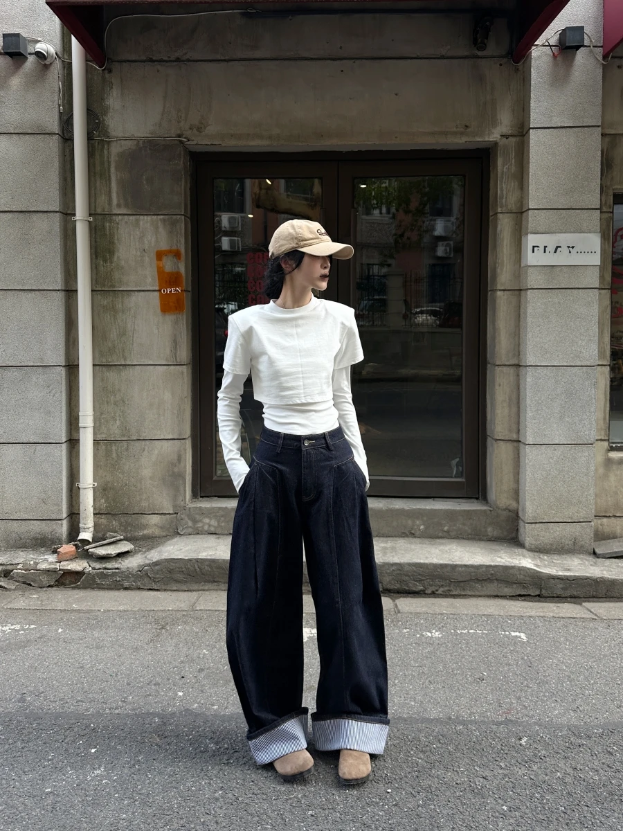 

Женские широкие джинсы с высокой талией Tristine, свободные утягивающие подол, цветные брюки длиной до пола, повседневная одежда, всесезонные