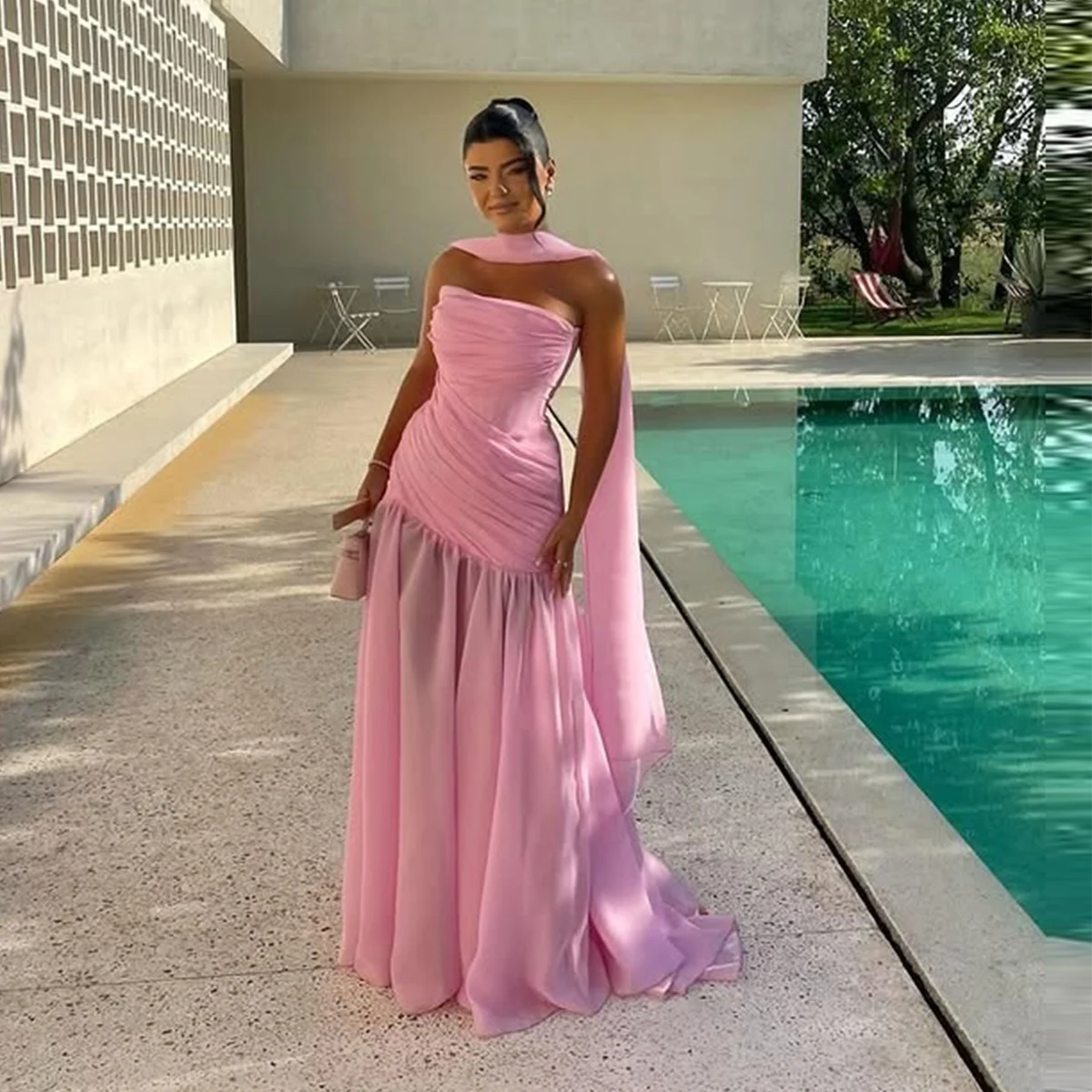 

Gorgeous Pink Strapless Mermaid Prom Dress With Scarf Ruched Chiffon Floor Length Evening Gowns Women Formal Party Dress