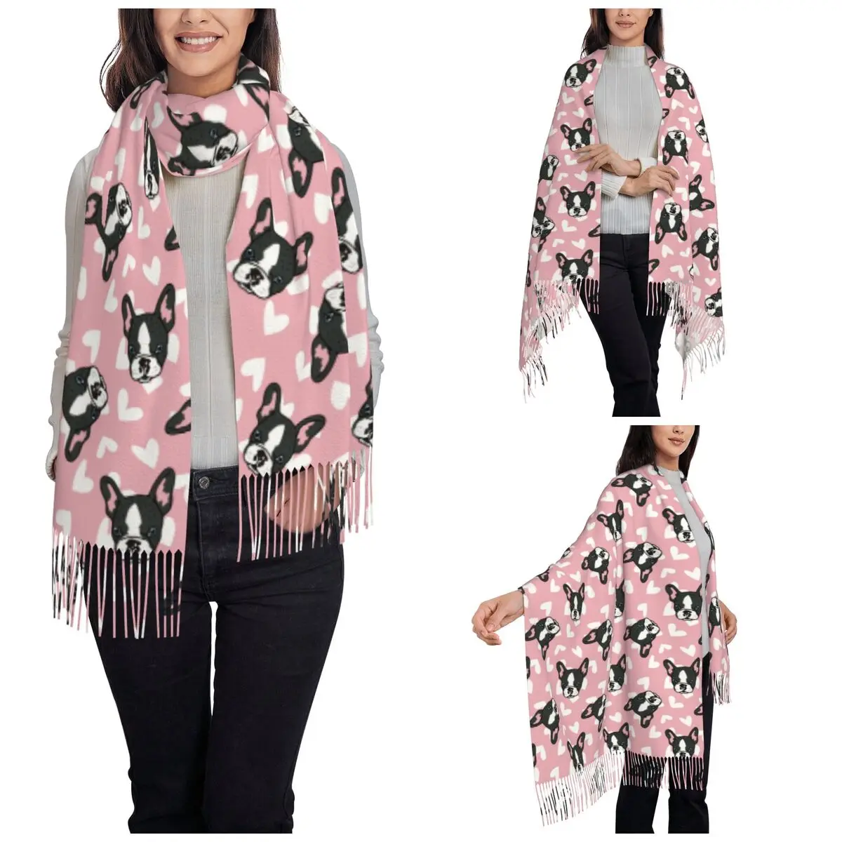 Bulldog Dog Shawl Wrap for Womens Winter Warm Large Long Scarf Animal Pashminas Tassel Scarves