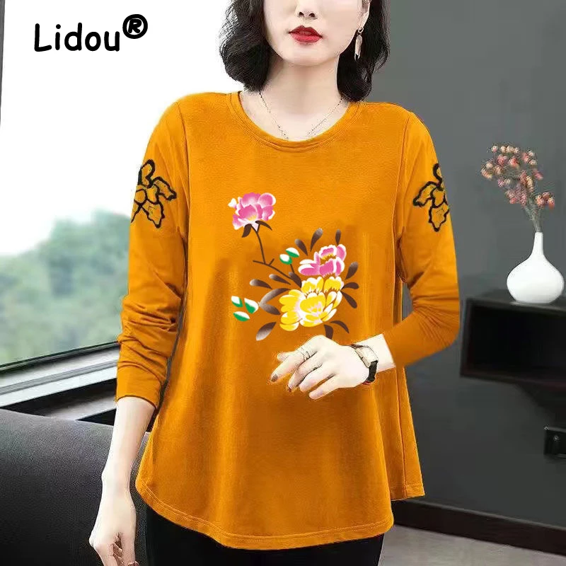 Vintage Floral Print Embroidery Cotton Comfort T Shirts for Woman Korean Fashion Long Sleeve Loose Pullover Top Female Clothing