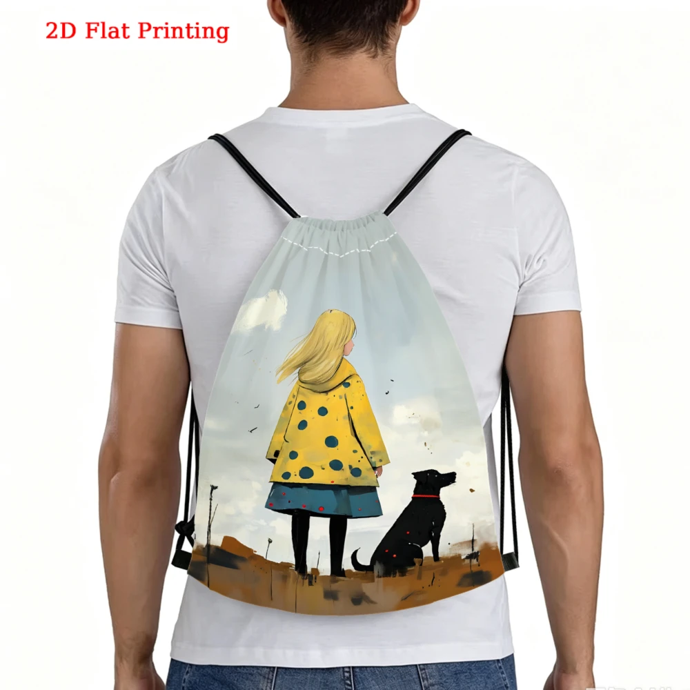 Cute Cartoon Style, Drawstring Backpack, Girl In Yellow Raincoat With Black Dog Pattern, Fitness Sports Bag, Outdoor Travel Draw