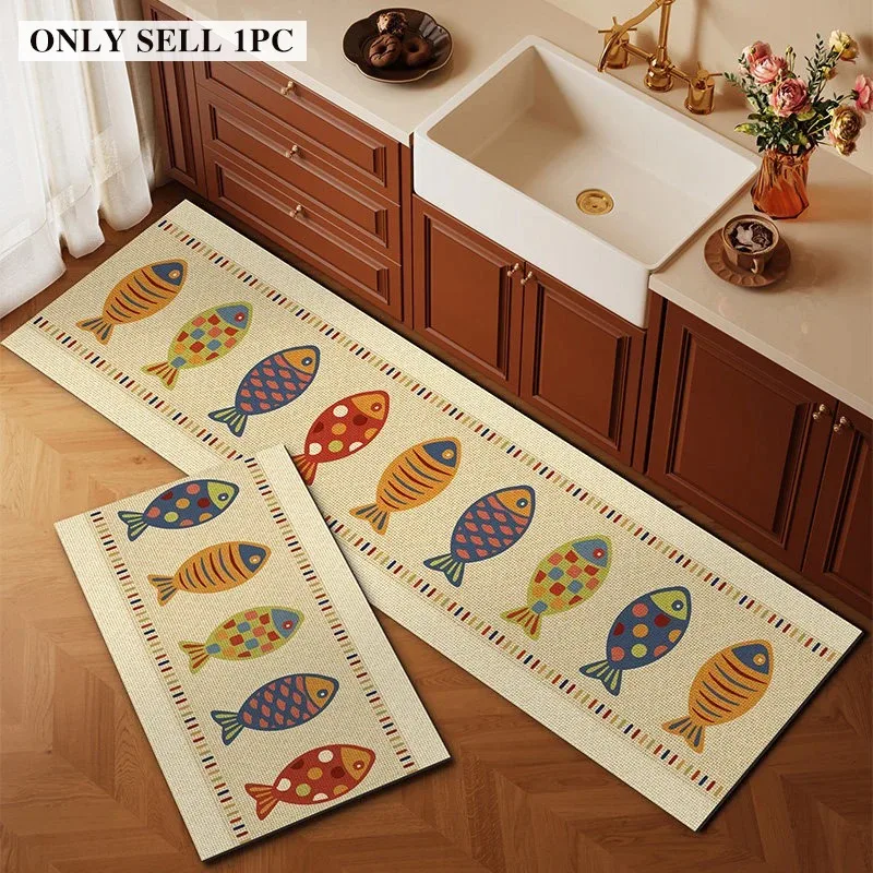 Kitchen Carpet PVC Waterproof Leather Floor Mat Colorful Fish Pattern Rug Oil-proof Non-slip Long Carpets Home Decoration Rugs