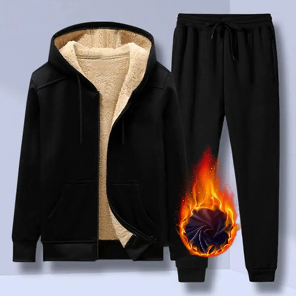 Mantel celana bertudung pria, mantel celana panjang tebal lembut berkerudung, pakaian olahraga musim dingin hangat 2 buah/set