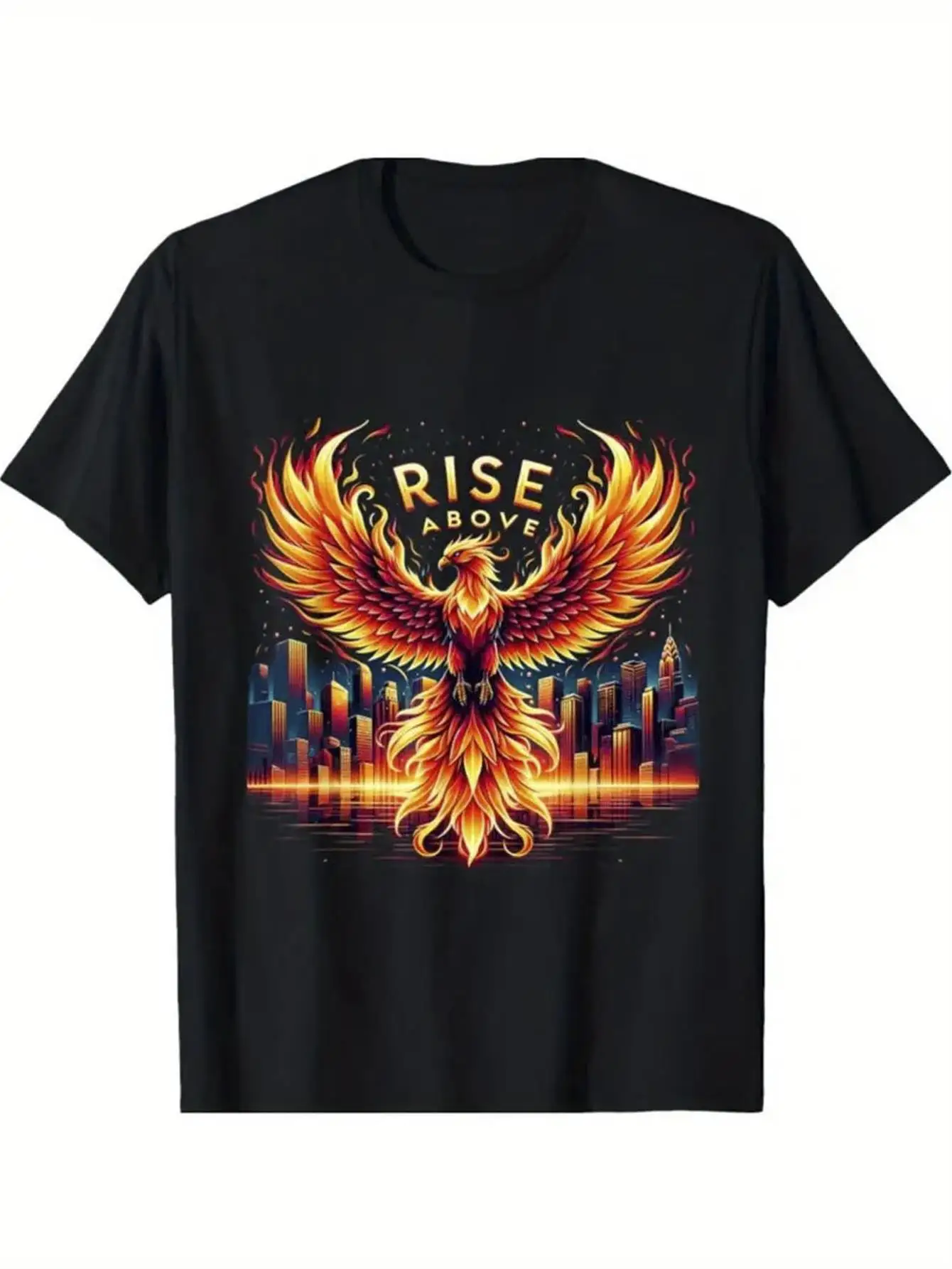 Men's Phoenix Flame Pattern T-Shirt - Pure cotton, casual crew neck short-sleeve style, featuring a dazzling design of mythical firebirds intertwined with the New York City skyline