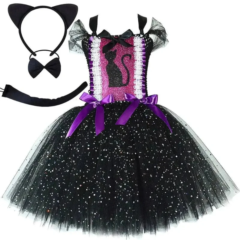 

Shimmer Black Feline Fancy Outfit Glitter Design Tutu Dress Full Accessories Baby Girls Halloween Carnival Festive Party Garment