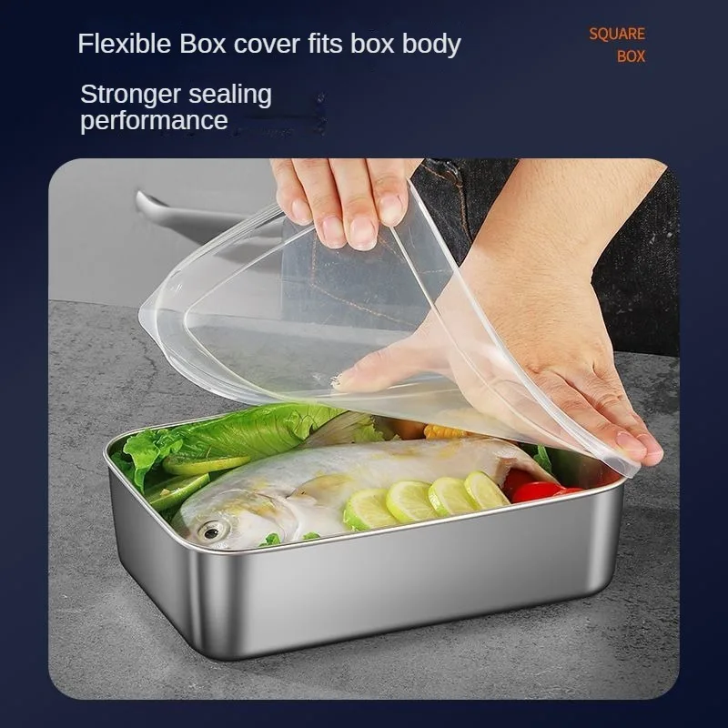 Thickened Square Plate Stainless Steel Rectangular Food Storage Pan With Lid Commercial Dish Tray Freshing Lunch Box Container