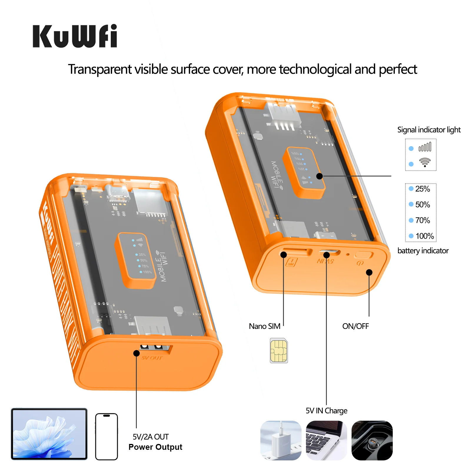 KuWFi Proteble 모바일 여행 라우터, 무선 와이파이 핫스팟, USB 출력, C타입 충전, SIM 카드 슬롯, 5200mAh, 4G LTE, 150Mbps 