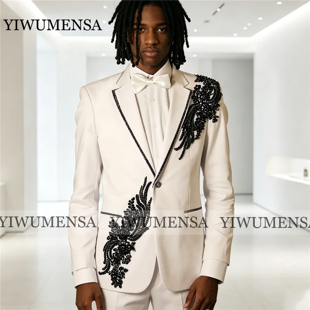 

Unique Men's Suit Customized Sparkly Beaded Crystals Applique Prom Blazer Pants 2 Piece Sets Groom Wedding Tuxedo Ropa Hombre