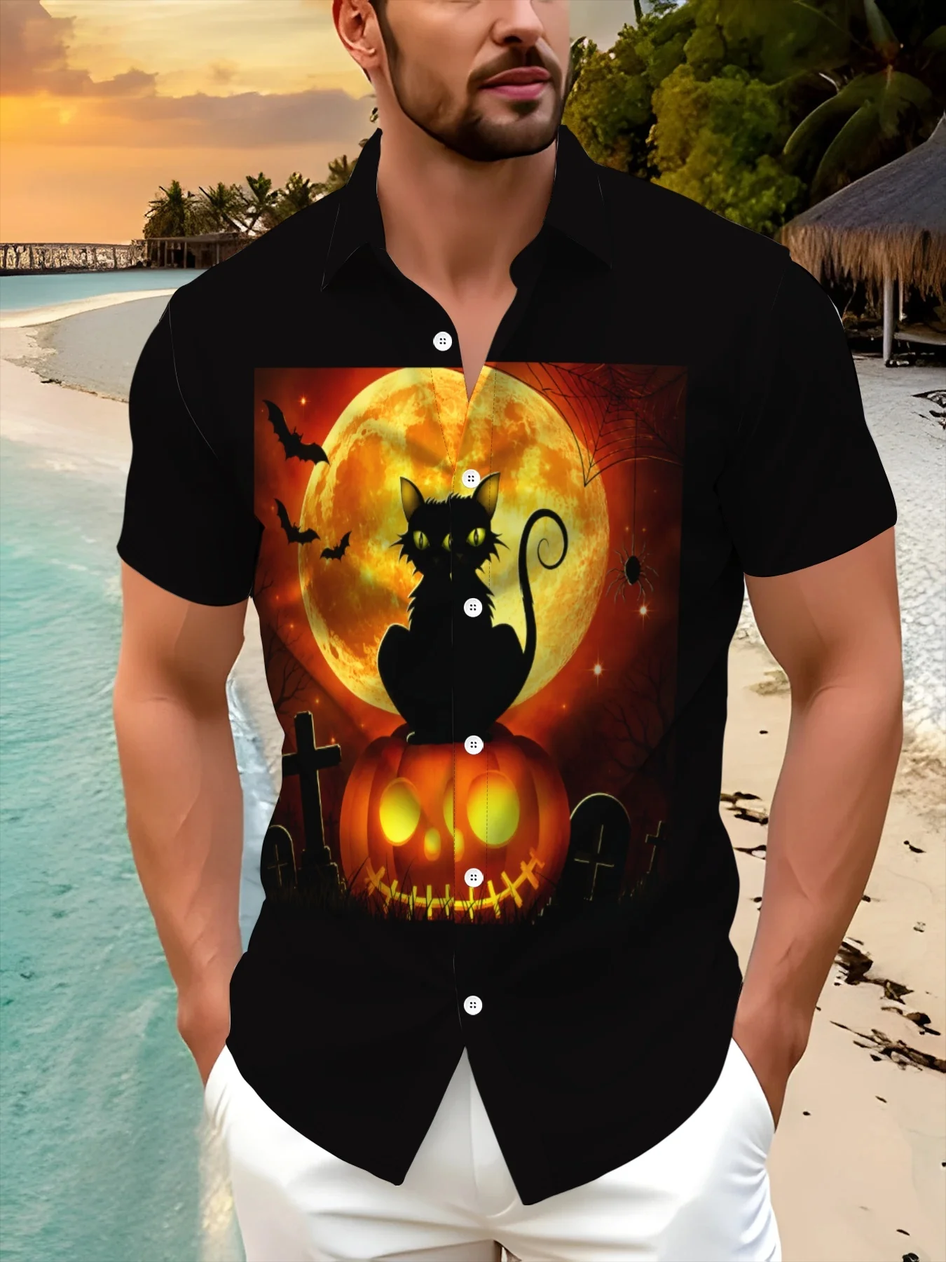 Men's Shirt Short Sleeve Halloween Black Cat Pumpkin Moon Bat Print Turn‑Down Collar Button Loose Casual Holiday Top Men Clothes