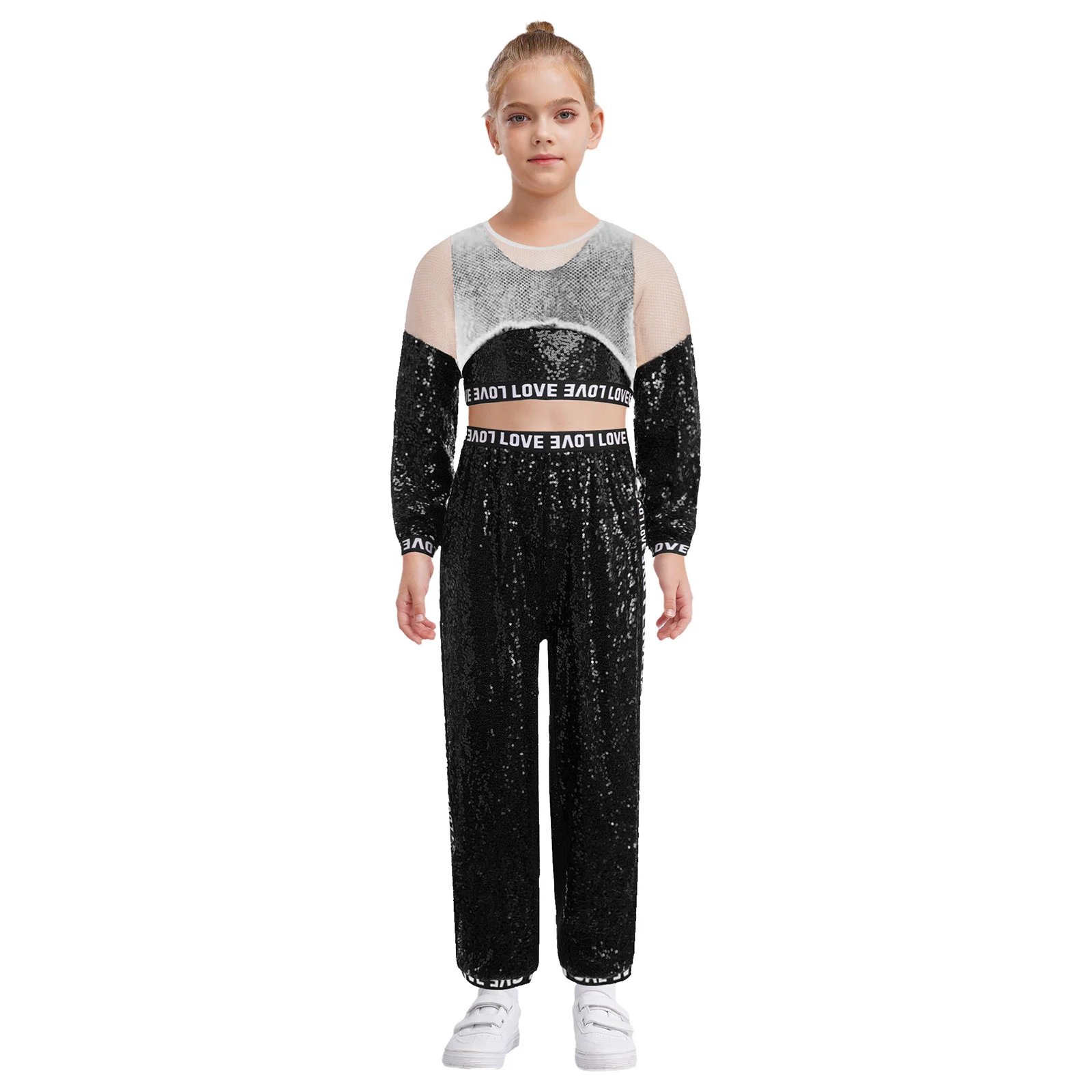 

Kids 3Pcs Girls Hip-hop Jazz Dance Outfit Vest with Long Sleeve Mesh Crop Top And Pants Set Sequins Dance Performance Costume