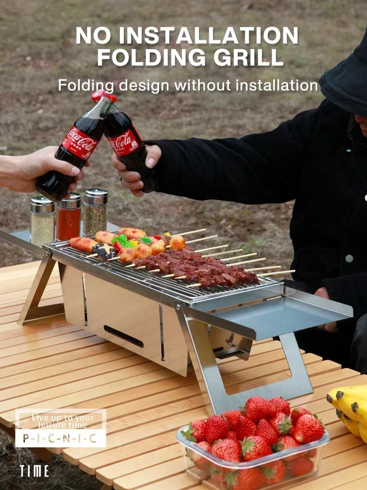 Tragbarer BBQ-Grill aus Edelstahl für den Außenbereich, zusammenklappbarer Holzkohleofen, kompakter Camping-Picknick-Grill, Spießständer, Reisegrill-Set – Detail 1