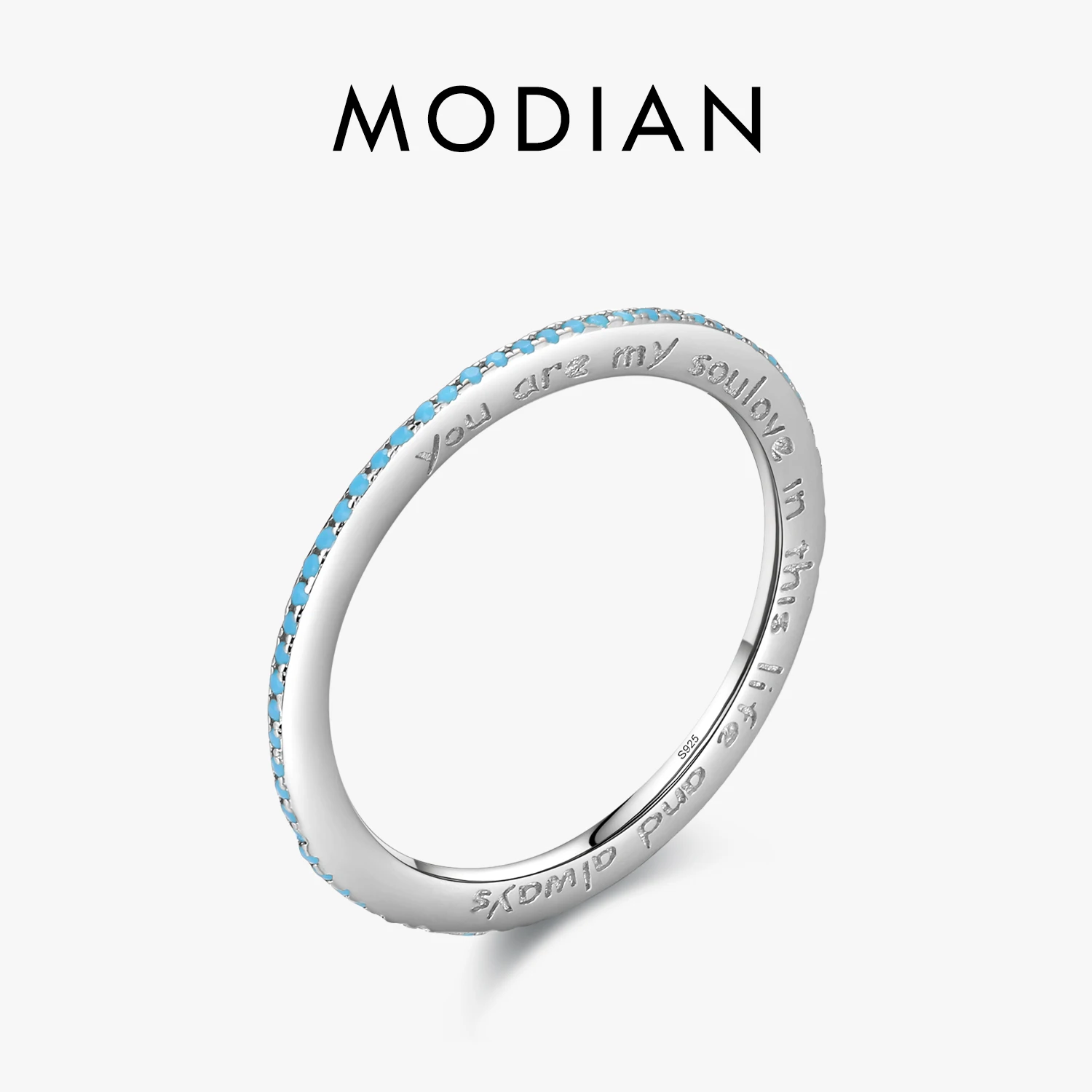 MODIAN 925 Sterling Silver Vintage Turquoise Engrave Letters Stacking Slim Eternity Bands Rings For Women Fine Jewelry Gifts