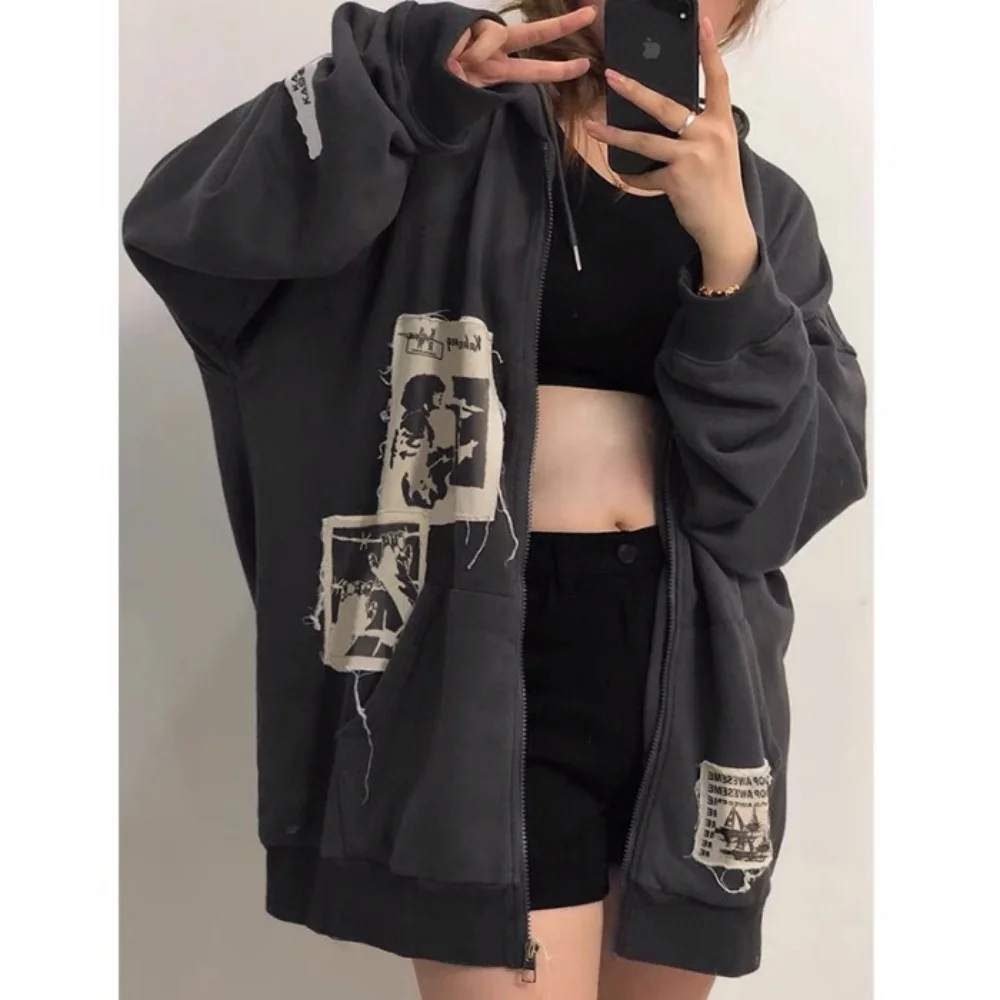 Cartoon Print HoodiesAutumn Lined New Style Zippered Niche American Retro Hooded Open Cardigan Sweatshirt for Women Loose