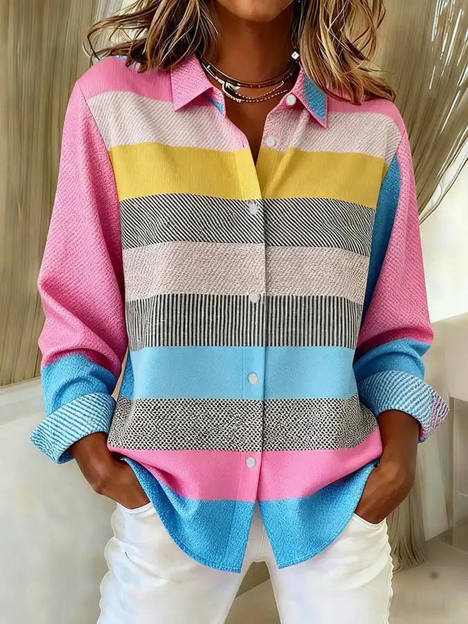 قميص نسائي بأكمام طويلة بطبعة مخططة ومنقوشة، ناعم ومناسب لحفلات العطلات، ملابس يومية غير رسمية.