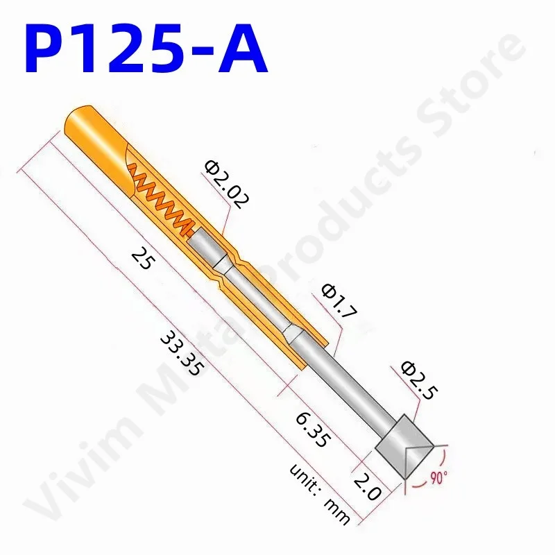 100PCS P125-A Spring Test Pin Copper Nickel Plated Test Probe Pogo Pin Length 33.35mm Dia2.02mm Head Dia 2.5mm Spring Test Tool