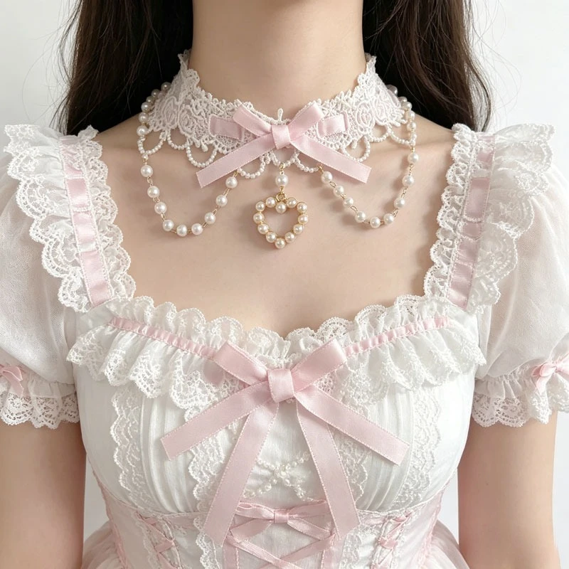 Lolita Pearl Sweet Lace Necklace Y2K Ribbon for Women Photo Shoot Bowknot Charm Choker for Girls Romantic Cute Style Jewelry