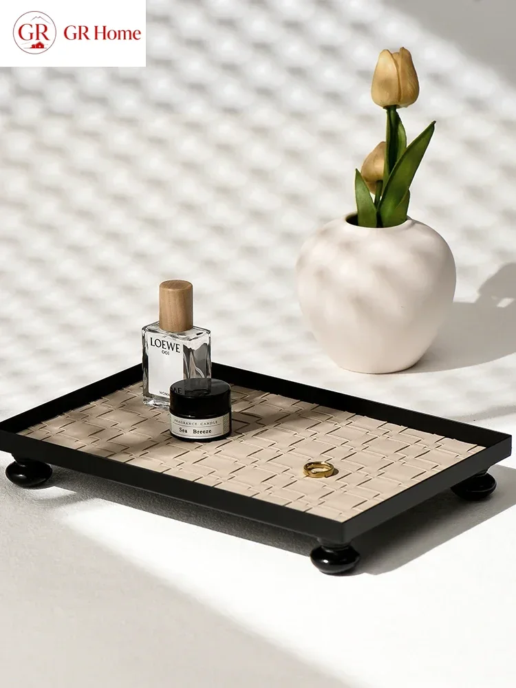 Ahunderjiaz-Leather Rectangular Storage Tray, Hand-Woven, Desktop Decorative Trays, Home Decoration, Light Luxury