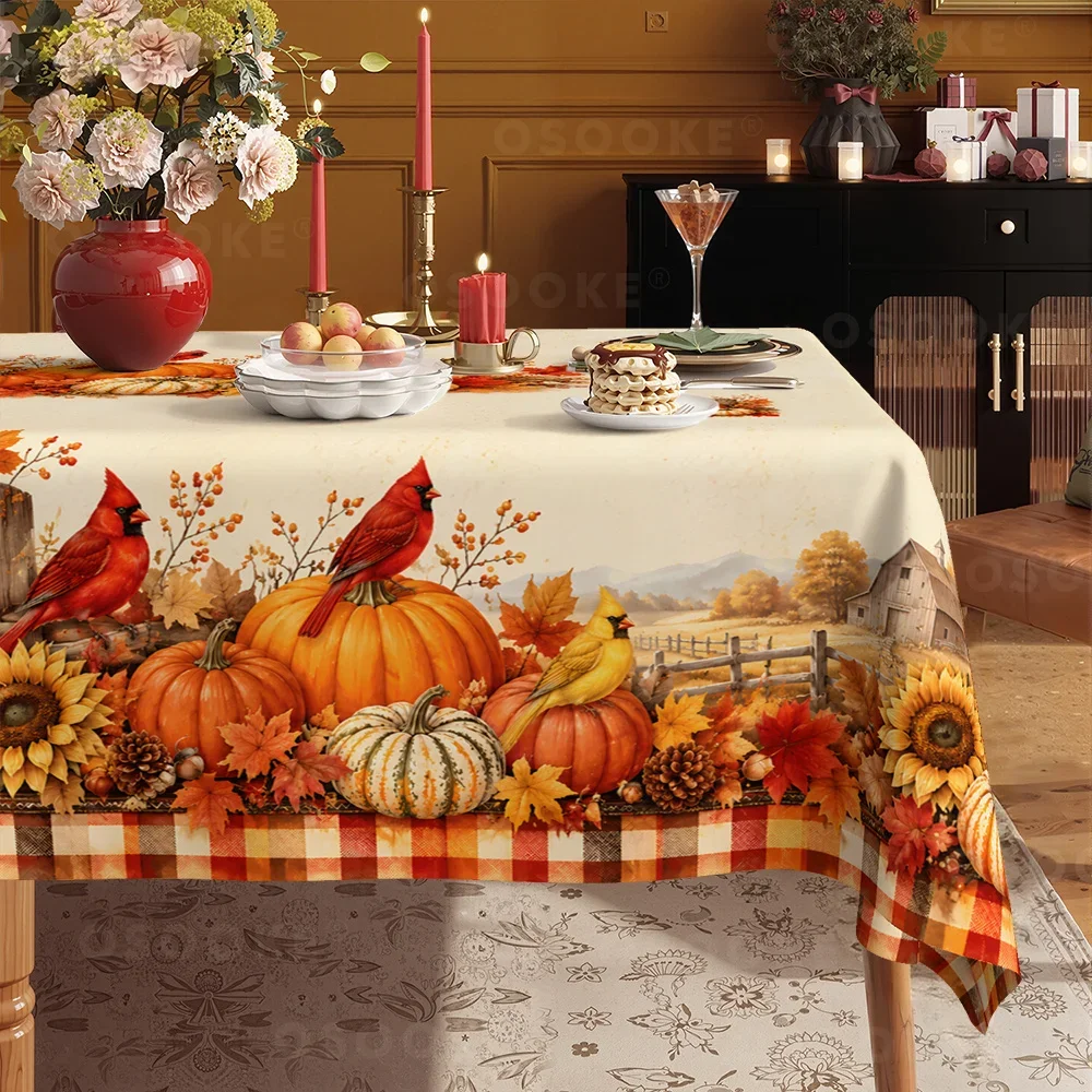1 piece of Thanksgiving tablecloth, featuring autumn harvest pumpkin and red bird print, sunflower flower tableclothxzj