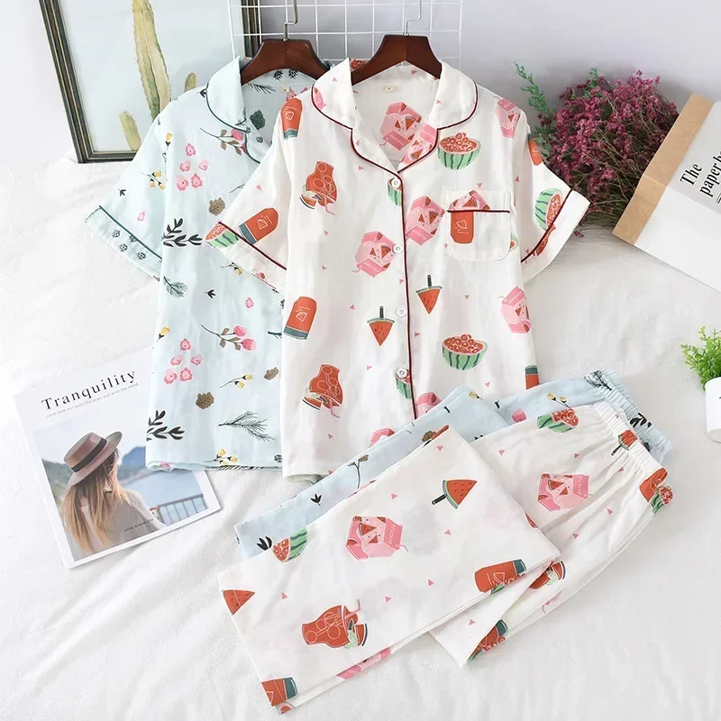2026 Japanese style simple short women female 100% cotton gauze short sleeve trousers ladies pajamas suit cute pajamas sets home