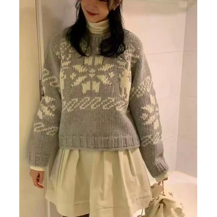 Femmes hiver Faionable décontracté Long Sve pull rétro polyvalent flocon de neige imprimé haut confortable coupe ample trajet Sle