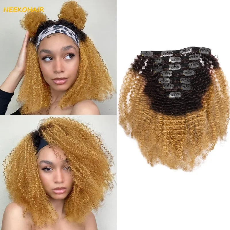 

Кудрявые вьющиеся темные корни 1b/27, наращивание человеческих волос на клипсе, полная голова, двойной уток, 140 г, набор для женщин, 7 шт.